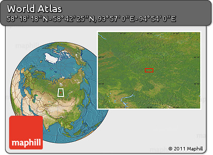 Satellite Location Map of the Area around 58° 30' 22" N, 94° 25' 30" E