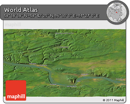 Satellite 3D Map of the Area around 58° 30' 22" N, 96° 58' 29" E