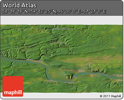 Satellite 3D Map of the Area around 58° 30' 22" N, 96° 58' 29" E