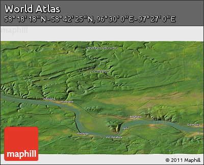 Satellite 3D Map of the Area around 58° 30' 22" N, 96° 58' 29" E