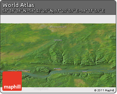 Satellite 3D Map of the Area around 58° 30' 22" N, 97° 49' 29" E
