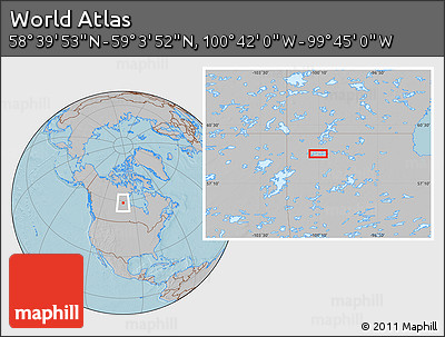 Gray Location Map of the Area around 58° 51' 53" N, 100° 13' 29" W, hill shading
