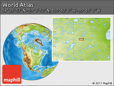 Physical Location Map of the Area around 58° 51' 53" N, 100° 13' 29" W