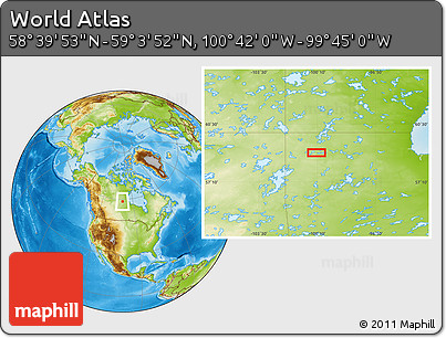Physical Location Map of the Area around 58° 51' 53" N, 100° 13' 29" W