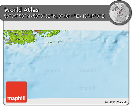 Physical 3D Map of the Area around 58° 51' 53" N, 10° 16' 30" E