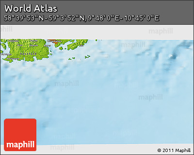 Physical 3D Map of the Area around 58° 51' 53" N, 10° 16' 30" E