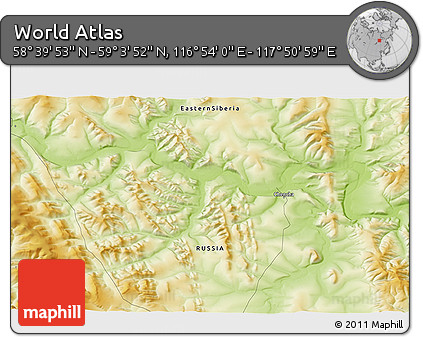 Physical 3D Map of the Area around 58° 51' 53" N, 117° 22' 30" E