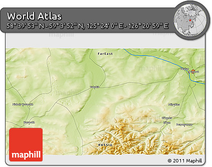 Physical 3D Map of the Area around 58° 51' 53" N, 125° 52' 30" E