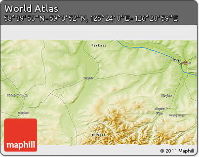Physical 3D Map of the Area around 58° 51' 53" N, 125° 52' 30" E