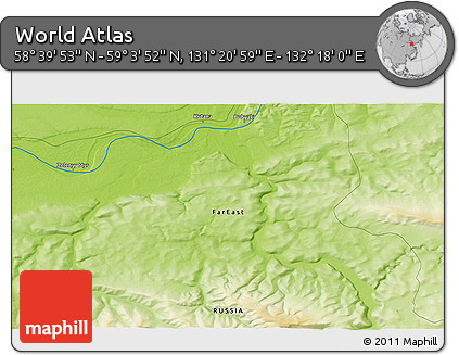 Physical 3D Map of the Area around 58° 51' 53" N, 131° 49' 29" E
