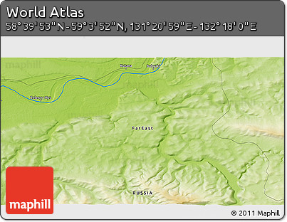 Physical 3D Map of the Area around 58° 51' 53" N, 131° 49' 29" E