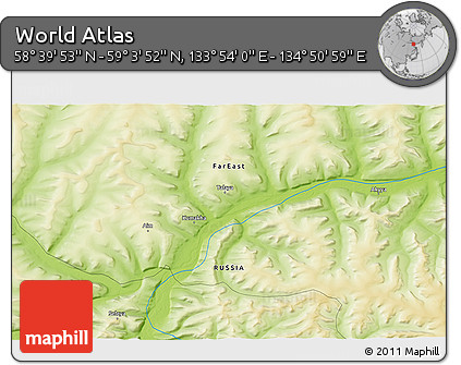 Physical 3D Map of the Area around 58° 51' 53" N, 134° 22' 30" E