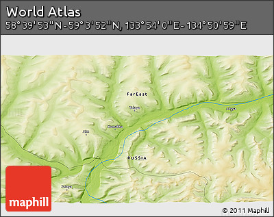 Physical 3D Map of the Area around 58° 51' 53" N, 134° 22' 30" E
