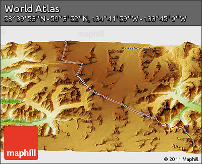 Physical 3D Map of the Area around 58° 51' 53" N, 134° 13' 29" W