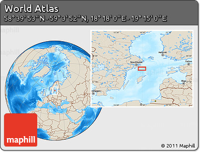 Shaded Relief Location Map of the Area around 58° 51' 53" N, 18° 46' 29" E