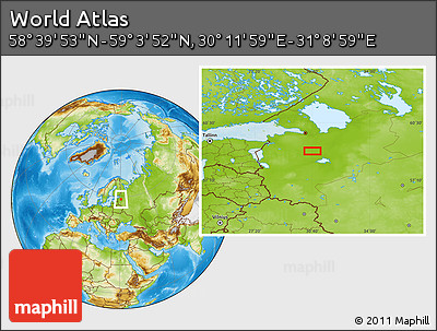 Physical Location Map of the Area around 58° 51' 53" N, 30° 40' 29" E