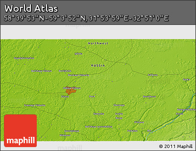 Physical 3D Map of the Area around 58° 51' 53" N, 32° 22' 30" E