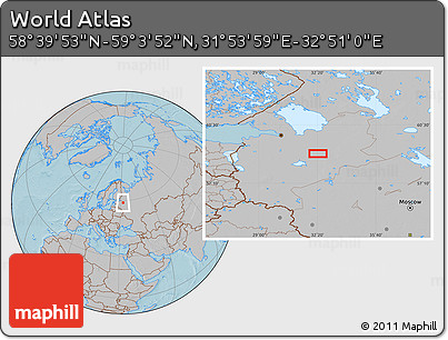 Gray Location Map of the Area around 58° 51' 53" N, 32° 22' 30" E, hill shading