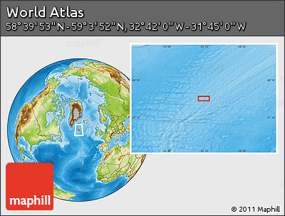 Physical Location Map of the Area around 58° 51' 53" N, 32° 13' 30" W