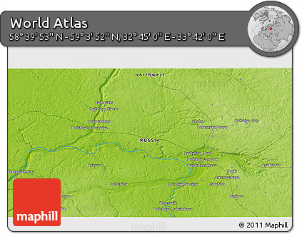 Physical 3D Map of the Area around 58° 51' 53" N, 33° 13' 30" E