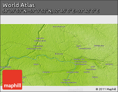 Physical 3D Map of the Area around 58° 51' 53" N, 33° 13' 30" E