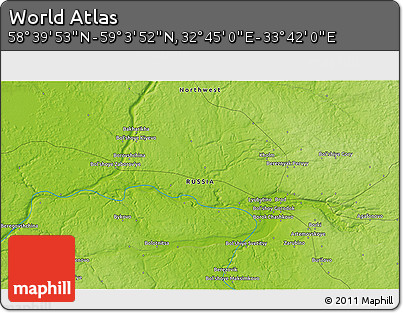 Physical 3D Map of the Area around 58° 51' 53" N, 33° 13' 30" E