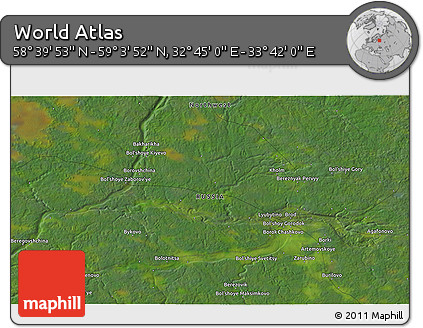 Satellite 3D Map of the Area around 58° 51' 53" N, 33° 13' 30" E
