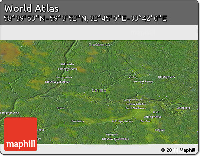 Satellite 3D Map of the Area around 58° 51' 53" N, 33° 13' 30" E