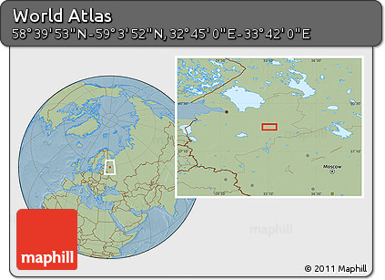 Savanna Style Location Map of the Area around 58° 51' 53" N, 33° 13' 30" E, hill shading