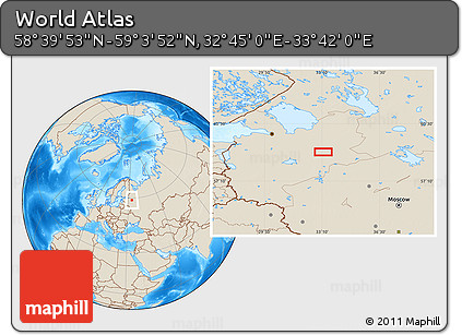 Shaded Relief Location Map of the Area around 58° 51' 53" N, 33° 13' 30" E