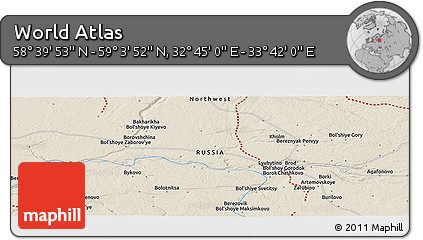 Shaded Relief Panoramic Map of the Area around 58° 51' 53" N, 33° 13' 30" E
