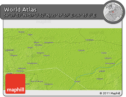 Physical 3D Map of the Area around 58° 51' 53" N, 35° 46' 29" E