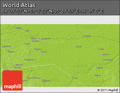 Physical 3D Map of the Area around 58° 51' 53" N, 35° 46' 29" E