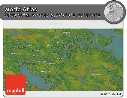 Satellite 3D Map of the Area around 58° 51' 53" N, 37° 28' 30" E