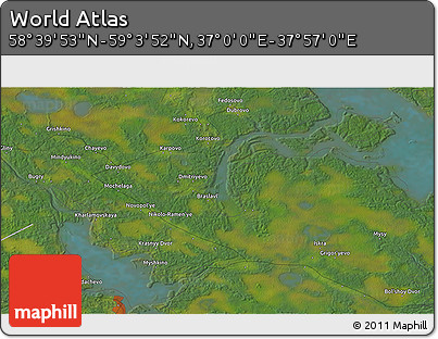 Satellite 3D Map of the Area around 58° 51' 53" N, 37° 28' 30" E