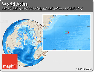 Shaded Relief Location Map of the Area around 58° 51' 53" N, 38° 10' 29" W