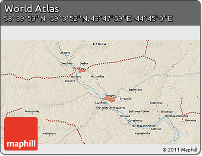 Shaded Relief 3D Map of the Area around 58° 51' 53" N, 44° 16' 29" E