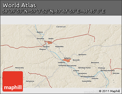 Shaded Relief 3D Map of the Area around 58° 51' 53" N, 44° 16' 29" E