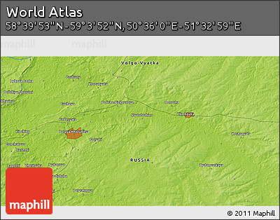 Physical 3D Map of the Area around 58° 51' 53" N, 51° 4' 30" E