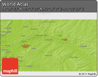 Physical 3D Map of the Area around 58° 51' 53" N, 51° 4' 30" E