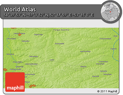Physical 3D Map of the Area around 58° 51' 53" N, 52° 46' 29" E