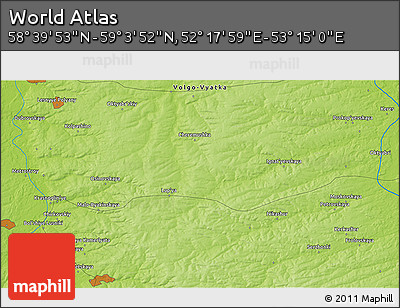 Physical 3D Map of the Area around 58° 51' 53" N, 52° 46' 29" E