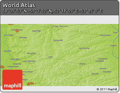 Physical 3D Map of the Area around 58° 51' 53" N, 52° 46' 29" E