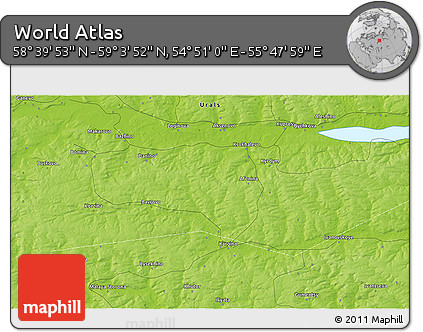 Physical 3D Map of the Area around 58° 51' 53" N, 55° 19' 30" E