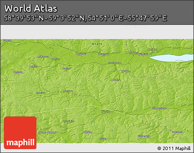 Physical 3D Map of the Area around 58° 51' 53" N, 55° 19' 30" E