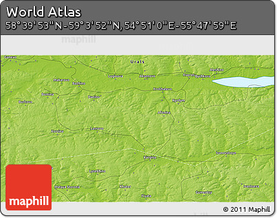 Physical 3D Map of the Area around 58° 51' 53" N, 55° 19' 30" E