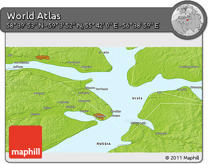 Physical 3D Map of the Area around 58° 51' 53" N, 56° 10' 29" E