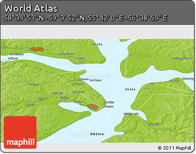 Physical 3D Map of the Area around 58° 51' 53" N, 56° 10' 29" E