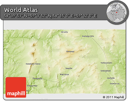 Physical 3D Map of the Area around 58° 51' 53" N, 58° 43' 30" E