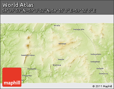 Physical 3D Map of the Area around 58° 51' 53" N, 58° 43' 30" E